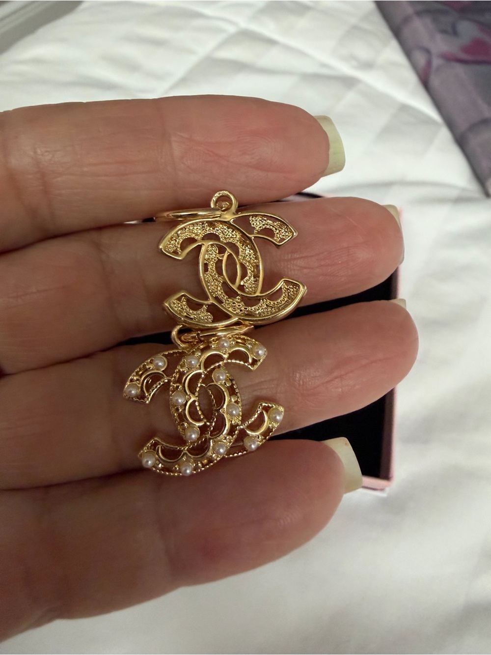 GWP CHANEL Gold Double CC charms with Pearl and Crystal Accents